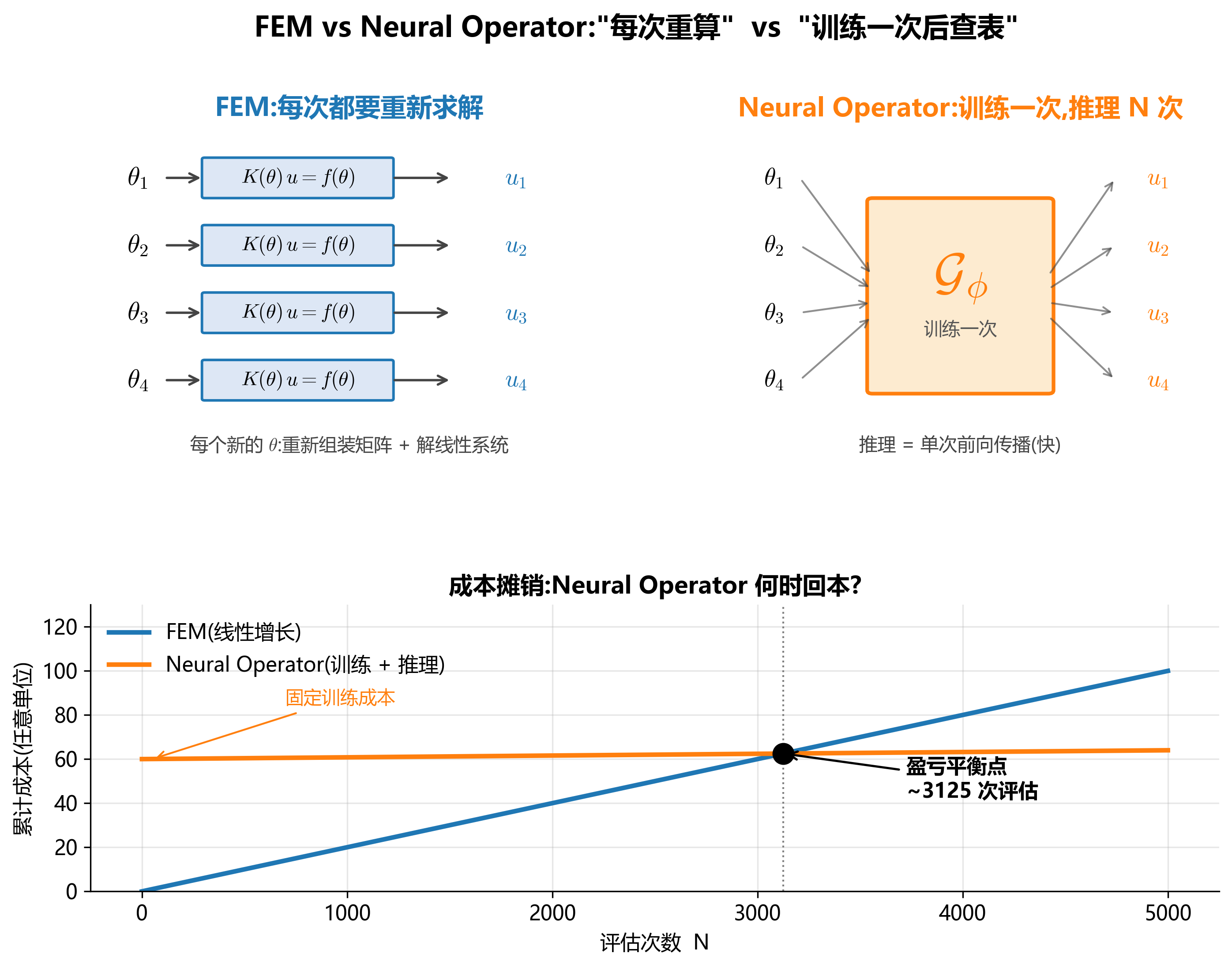 FEM vs 神经算子的概念对比与成本摊销