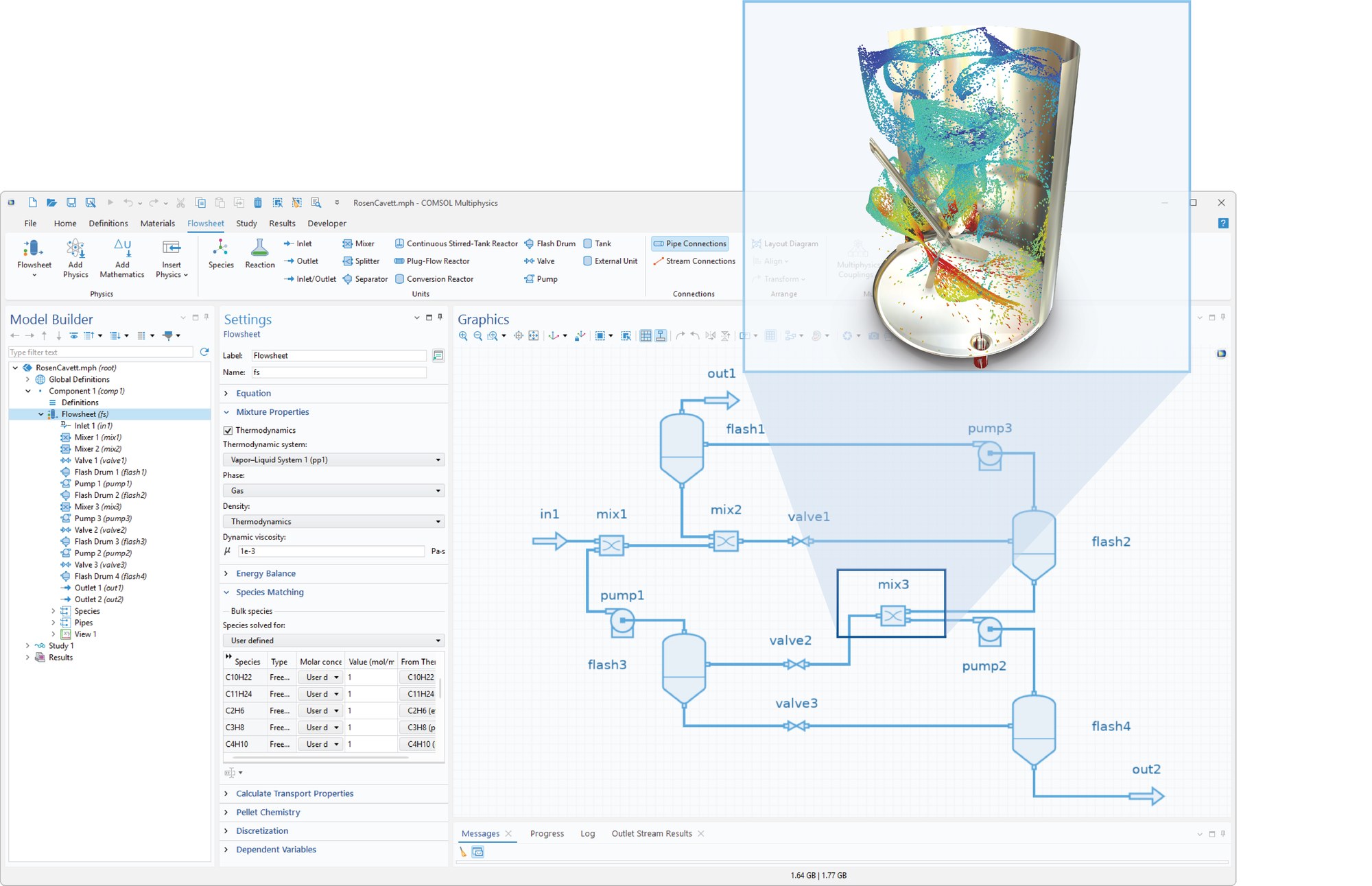 COMSOL Systems 的 Flowsheet 界面：系统流程图与三维搅拌罐流场模型关联